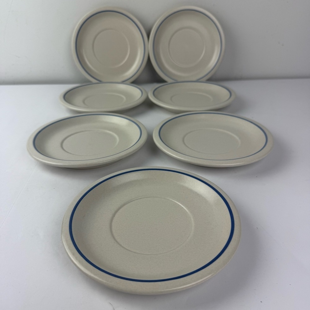 Pfaltzgraff Yorktowne Stoneware Saucers Lot of 7 White and Blue